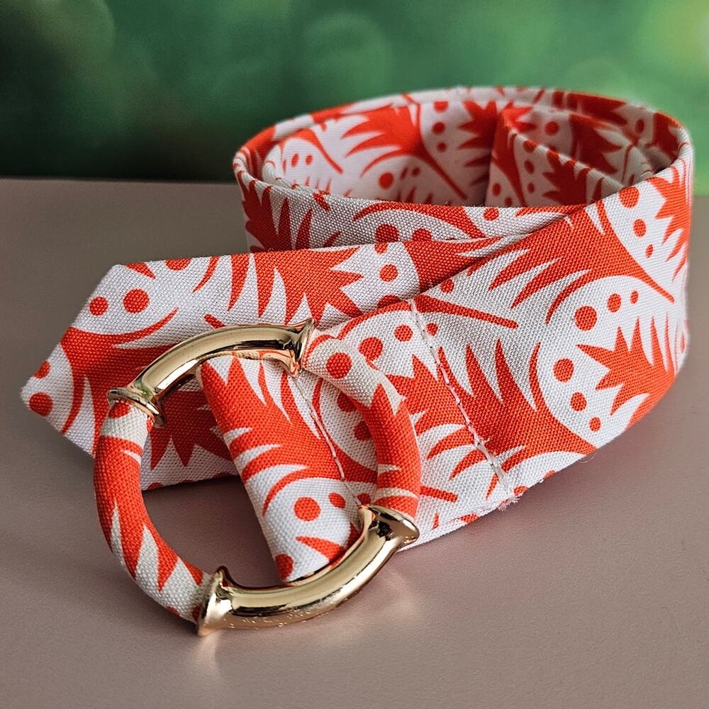 EUC J. Crew 100% Cotton Orange White 1.75" Fabric Belt Gold Ring Buckle  S - M